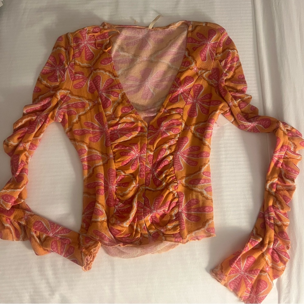 NEW Free People orange mesh ruched sheer l/s shirt XS NWOT y2k 70s hippie NWOT
